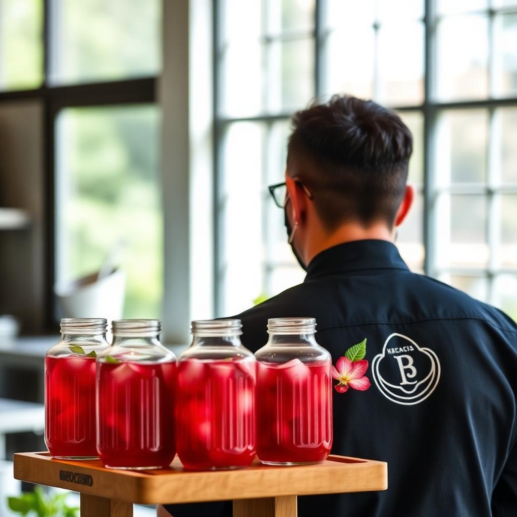 Chef Hugo Téllez preparando aguas frescas para un evento de Olives Catering
